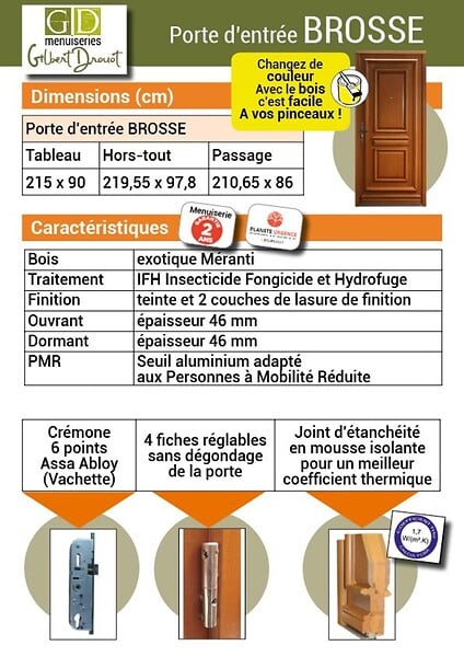 GD MENUISERIES - Porte d'entrée Bois Pleine Tahi 1, H215 x L90 cm Côte Tableau p. Gauche - large