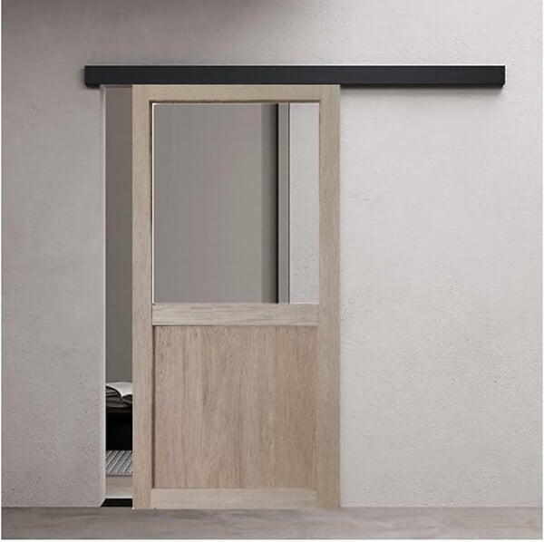 GD MENUISERIES - Porte Coulissante Atelier placage chene Vitrée H204 x L73 cm, Rail Alu bandeau noir - large