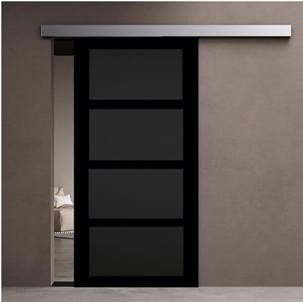 GD MENUISERIES - Porte Coulissante Telia noir 4 panneaux H204 x L83 cm, Rail Alu bandeau blanc - large