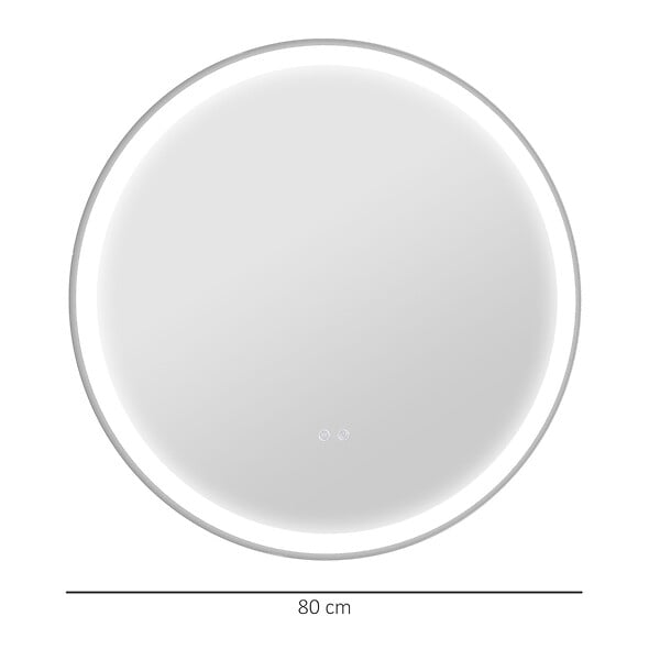 KLEANKIN - Miroir rond lumineux LED de salle de bain Ø 80 cm mural avec éclairage 3 couleurs interrupteur tactile système antibuée 46W blanc argent - large