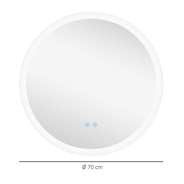 KLEANKIN - Miroir rond lumineux LED de salle de bain Ø 70 cm mural avec éclairage 3 couleurs interrupteur tactile système antibuée 35W blanc argent - large