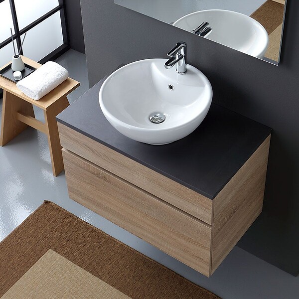 KIAMAMI VALENTINA - Meuble De Salle De Bains Suspendu 80Cm Avec Plateau En Bois Anthracite Pour Lavabo À Poser | Sole - large