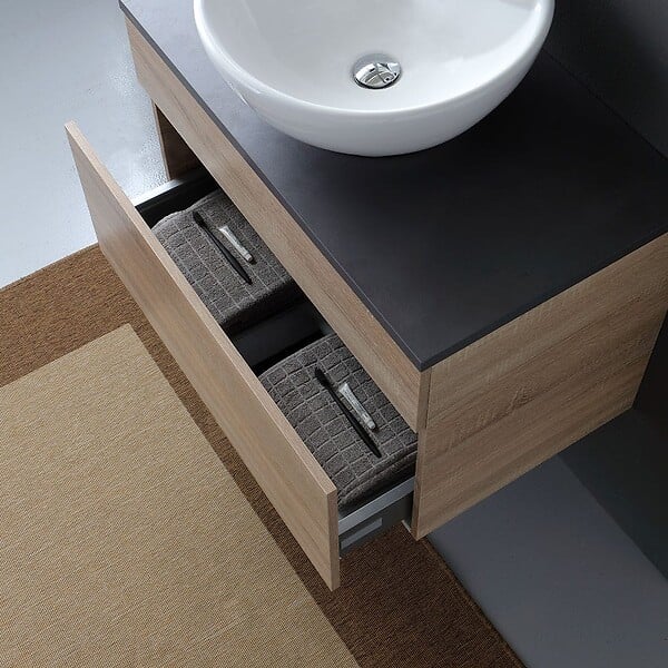 KIAMAMI VALENTINA - Meuble De Salle De Bains Suspendu 80Cm Avec Plateau En Bois Anthracite Pour Lavabo À Poser | Sole - large