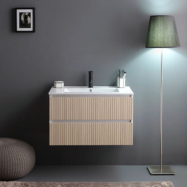KIAMAMI VALENTINA - Meuble Salle De Bain Suspendu 80Cm Blanc Avec 2 Tiroirs Chêne Cannelé | Bilbao - large
