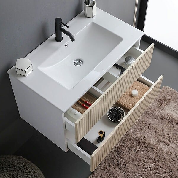 KIAMAMI VALENTINA - Meuble Salle De Bain Suspendu 80Cm Blanc Avec 2 Tiroirs Chêne Cannelé | Bilbao - large