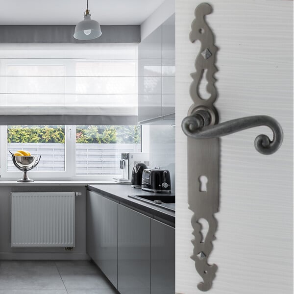 SECURY-T - Poignées de porte fer forgé COQ vieil argent 330X36 mm Trou de clé L - large