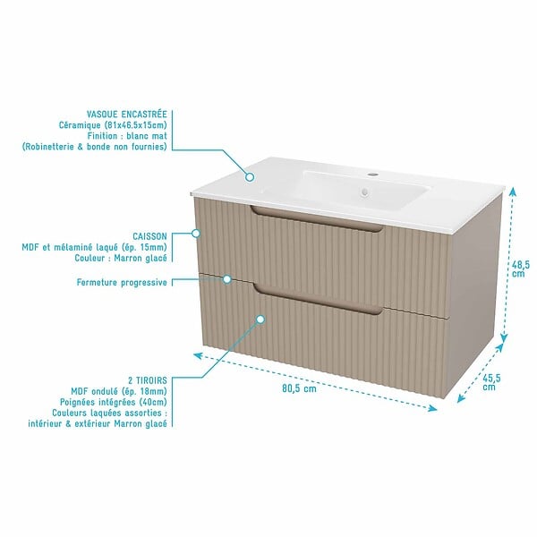 AURLANE - Meuble et colonne de Salle de Bains LEON 80cm Marron Glacé - Façades Ondulées - Vasque Blanche Mate - large