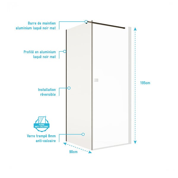 AURLANE - Retour pour Porte de Douche 90x195cm Verre Trempe 8mm Anticalcaire - Alu Noir - DARK ELEMENTARY - large
