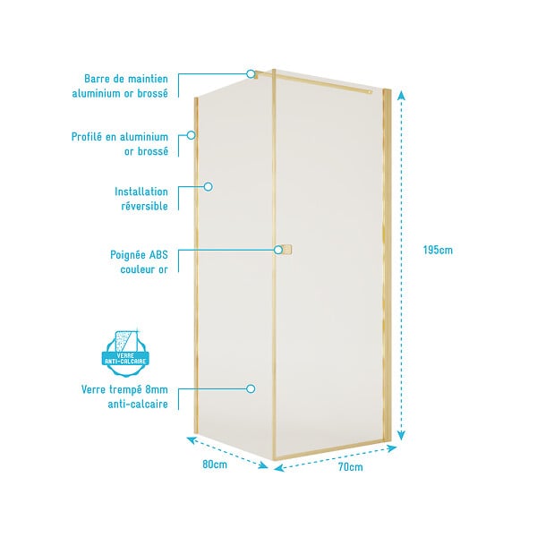 AURLANE - Porte de Douche Pivotante 70x195cm et Retour 80cm - Verre 8mm Anticalcaire - Profil Or Brosse - large