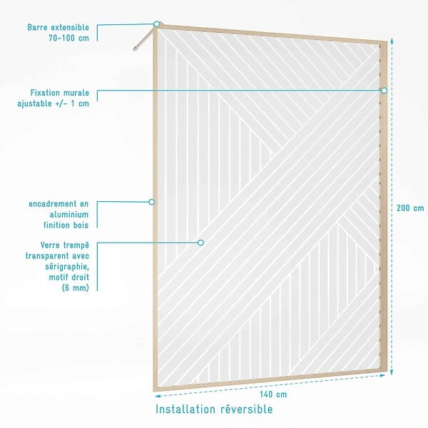 AURLANE - Paroi de douche 140x200 HINATA - Style Japandi Geometrique - Cadre Effet Bois - Verre 6mm - large