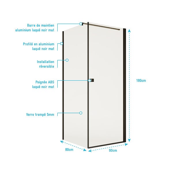 AURLANE - Porte de Douche Pivotante 90x180cm et Retour 80cm - Profil Noir - Verre 5mm - DARK ELEMENTARY - large