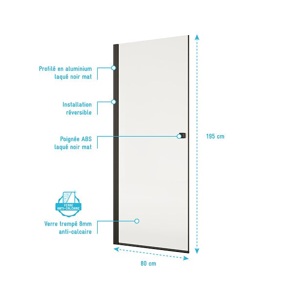 AURLANE - Porte de Douche Pivotante 80x195cm - Verre Trempe 8mm Anticalcaire - Alu Noir - DARK ELEMENTARY - large
