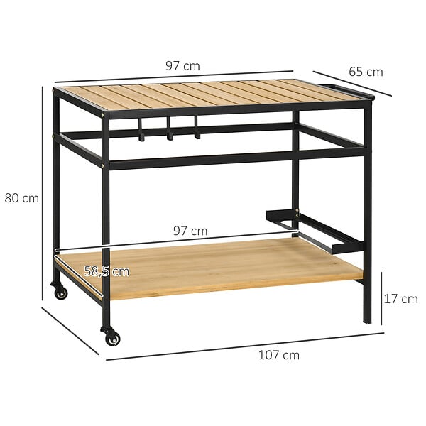 OUTSUNNY - Desserte de jardin chariot pour plancha barbecue en bois et métal avec 2 étagères et 3 crochets - 107 x 65 x 80 cm noir naturel - large