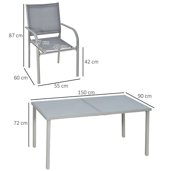 OUTSUNNY - Ensemble de jardin 6 personnes chaises empilables table à manger dim. 150L x 90l x 72H cm plateau verre acier époxy textilène gris - large