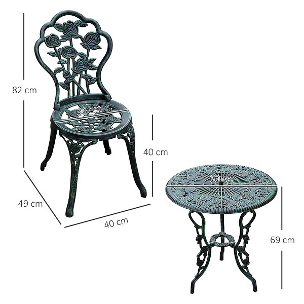 OUTSUNNY - Ensemble salon de jardin 2 places 2 chaises + table ronde style néo-rétro motif rose lignes fuselées fonte d'aluminium vert vieilli - large