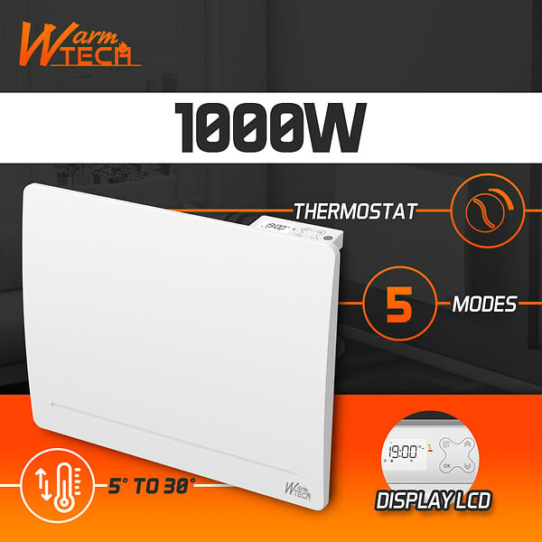 WARM TECH - Radiateur inertie fonte 1000 W - IP24 - NF - Fil pilote 6 ordres. - large