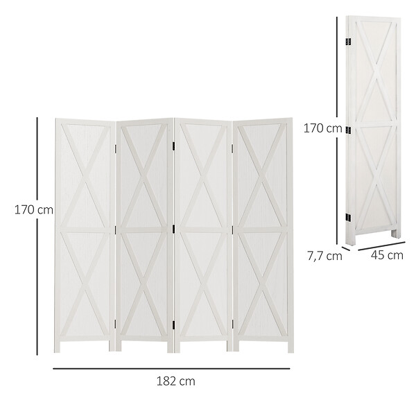 HOMCOM - Paravent intérieur 4 panneaux style campagnard chic - séparateur de pièce avec croisillons - bois de paulownia blanc - large