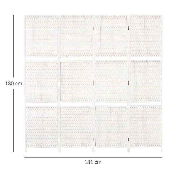 HOMCOM - Paravent intérieur 4 panneaux 2 étagères pliables séparateur de pièce bois de pin bambou fibres de papier tressée blanc paille - large