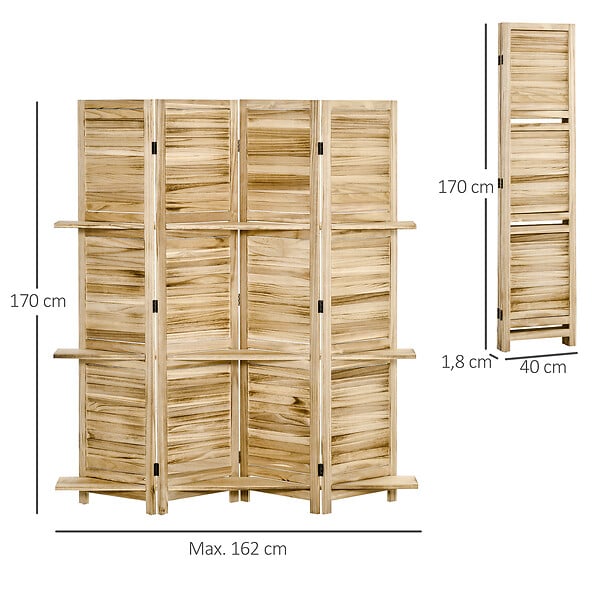HOMCOM - Paravent intérieur 4 panneaux 3 étagères pliables séparateur de pièce portes persiennes bois de paulownia aspect pin autoclave - large
