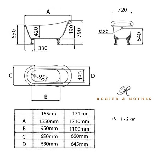 ROGIER & MOTHES - Baignoire sur pieds rétro RICHMOND Blanche 171 cm Pieds de Lion Blancs - large