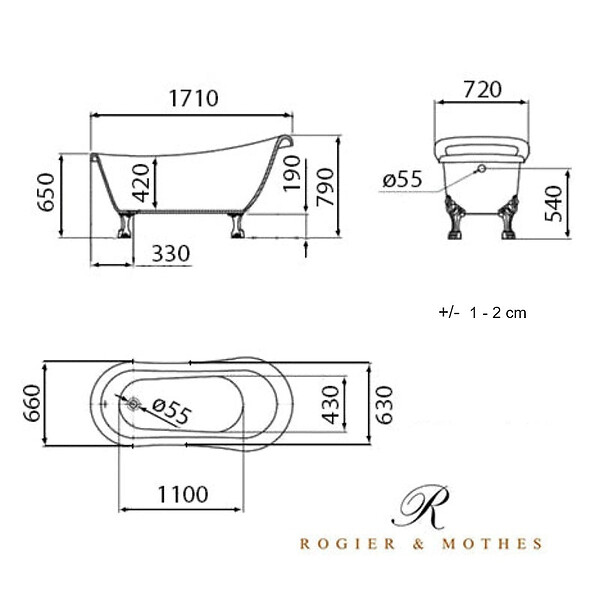 ROGIER & MOTHES - Baignoire sur pieds rétro RICHMOND Noire 171 cm Pieds d'Aigle Cuivre rouge vieilli - large