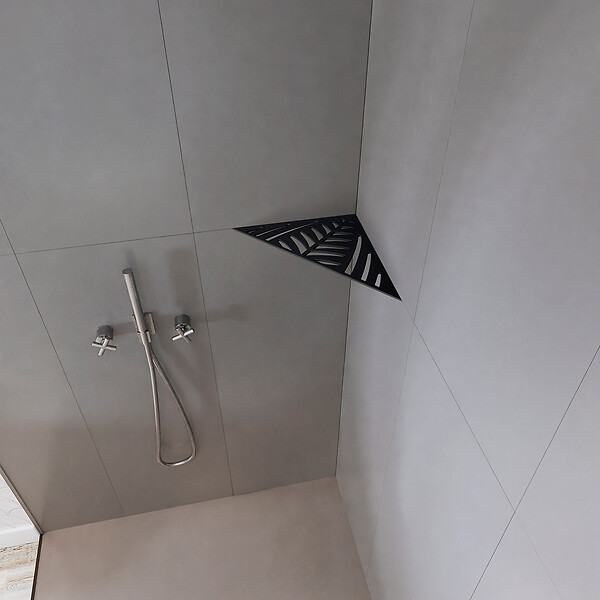 U-TILE - Etagère de douche en acier inox noir 20,4 x 20,4 cm x 2 mm - Triangulaire design Jungle - fixation sans perçage - large