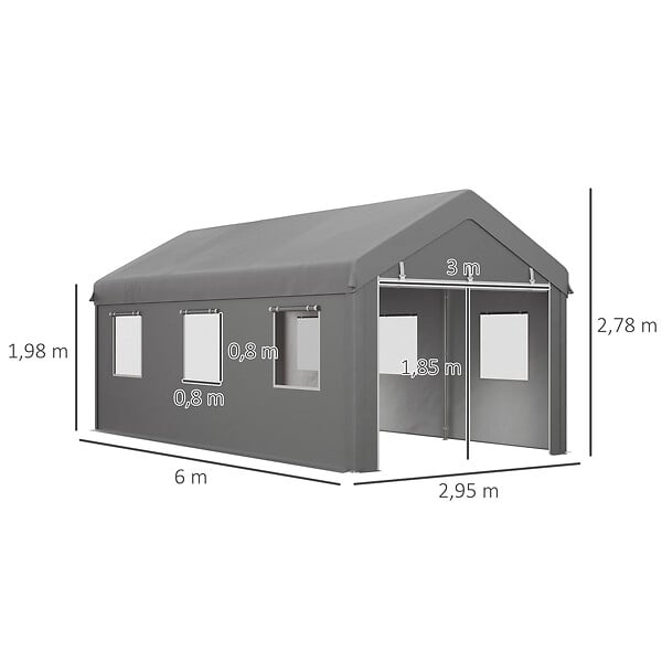 OUTSUNNY - Tente garage carport dim. 6L x 2,95l x 2,78H m acier galvanisé PE haute densité 2 portes 6 fenêtres gris - large