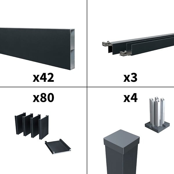 DECKLINEA - Kit Clôture Ajourée Aluminium OLINDA Anthracite 5,5x1,8m Poteaux sur Platines - Dimension des Lames : 21x100x1780 mm - Brise vue - Palissade - large