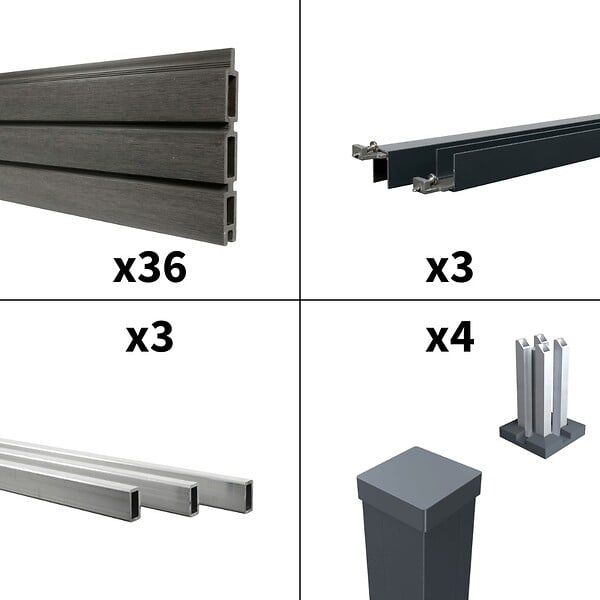 DECKLINEA - Kit Clôture Composite SANTOS Ardoise 5,5x1,8m - Bois composite & Aluminium - Poteaux sur Platines Gris - Brise vue - Palissade - large