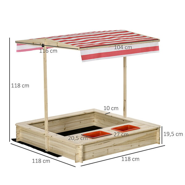 OUTSUNNY - Bac à sable bois carré dim. 1,18L x 1,18l x 1,18H m - hauteur, inclinaison toit réglables, refermable - 2 bacs - bois sapin autoclave - large