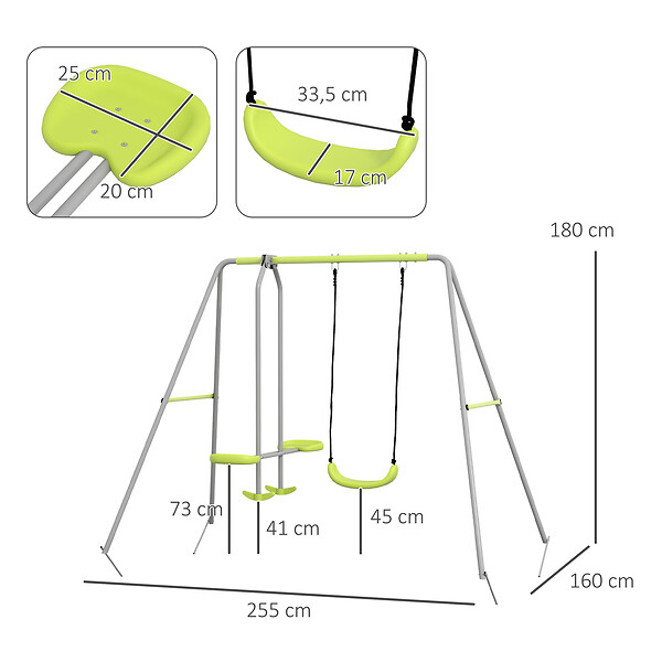 OUTSUNNY - Balançoire 2 agrès portique avec balançoire et face à face dim. 2,55L x 1,6l x 1,8H m métal époxy PE gris vert - large