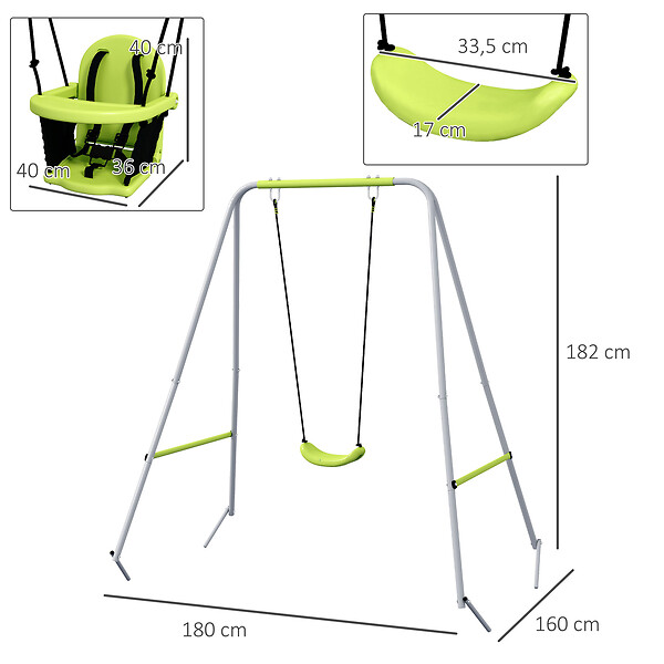 OUTSUNNY - Portique balançoire évolutive - siège haut, accoudoirs, ceinture sécurité 5 points, barre protection - métal époxy gris vert - large