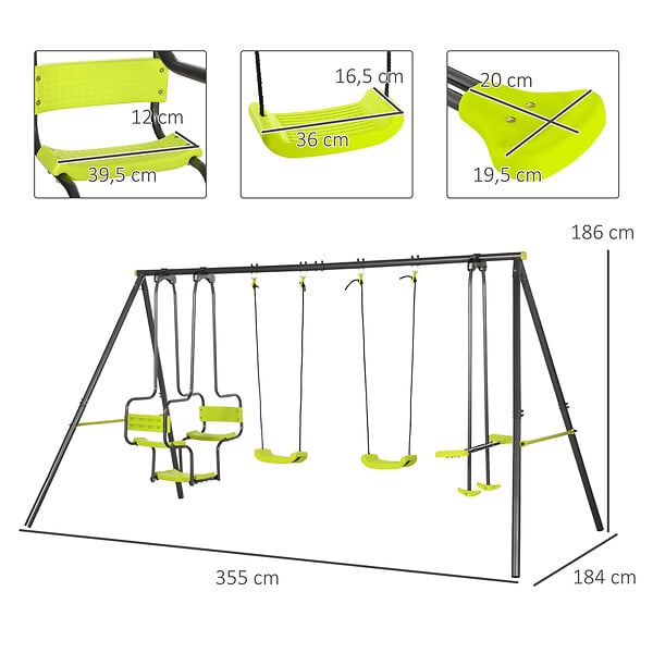 OUTSUNNY - Balançoire 4 agrès portique avec 2 balançoires et 2 face à face dim. 3,55L x 1,84l x 1,86H m acier époxy gris PE vert - large