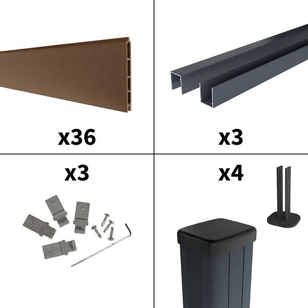 DECKLINEA - Kit Clôture Composite RIO Bronze 5,5x1,8m - Bois composite & Aluminium - Poteaux sur Platines Gris - Brise vue - large