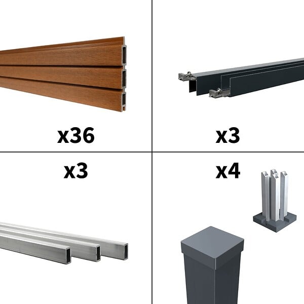 DECKLINEA - Kit Clôture Composite SANTOS Teck 5,5x1,8m - Bois composite & Aluminium - Poteaux sur Platines Gris - Brise vue - Palissade - large