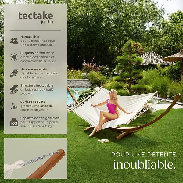 TECTAKE - Hamac sur pied 2 personnes bois blanc en coton polyester 415x150x124 cm - large