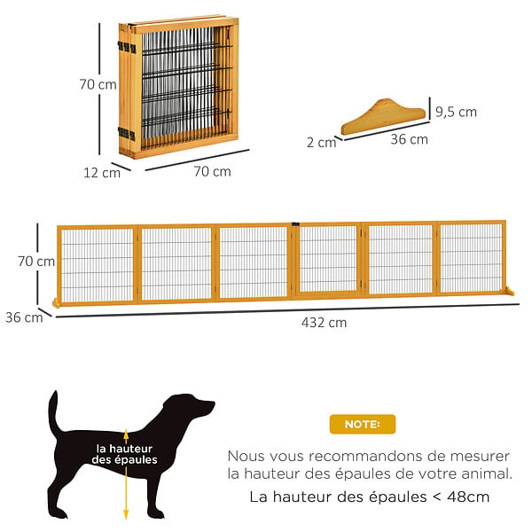 PAWHUT - Barrière de sécurité parc enclos chien modulable pliable porte verrouillable intégrée 5 panneaux grillage acier noir bois de pin verni - large