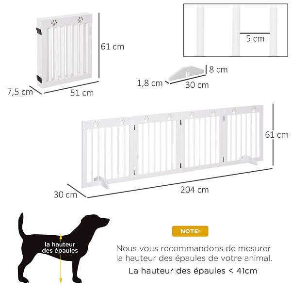 PAWHUT - Barrière de sécurité pour animaux - barrière modulable pliable 4 panneaux - motif patte - 2 pieds support - bois de pin blanc - large