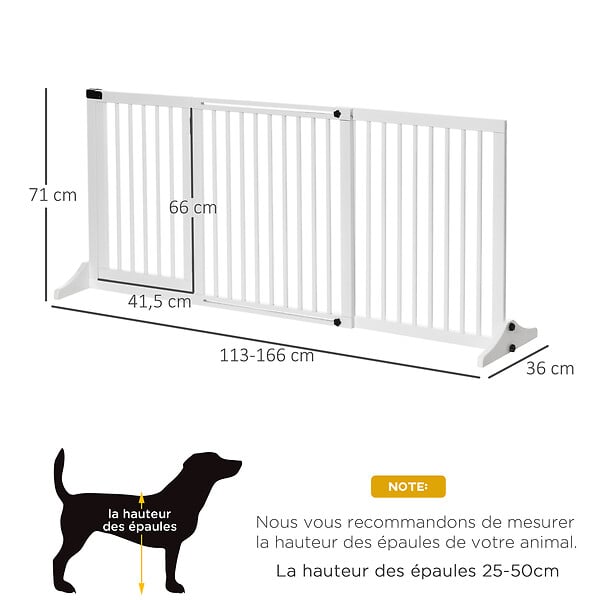 PAWHUT - Barrière de sécurité chien barrière autoportante longueur réglable porte verrouillable intégrée dim. 113-166L x 36l x 71H cm sapin blanc - large
