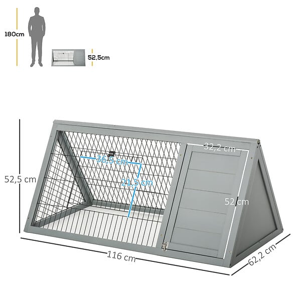PAWHUT - Clapier triangulaire de sol enclos extérieur niche double porte dim. 116L x 62l x 52,5H cm métal bois sapin gris - large