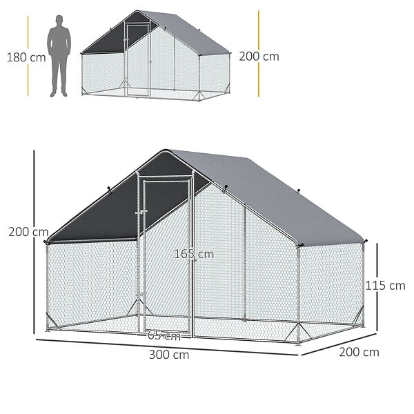 PAWHUT - Enclos poulailler chenil 6 m² - parc grillagé dim. 3L x 2l x 2H m - poulailler chenil entièrement couvert - acier galvanisé - large