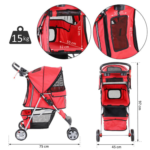 PAWHUT - Poussette buggy pour chien chat animaux roue avant pivotante 360 degrés rouge - large