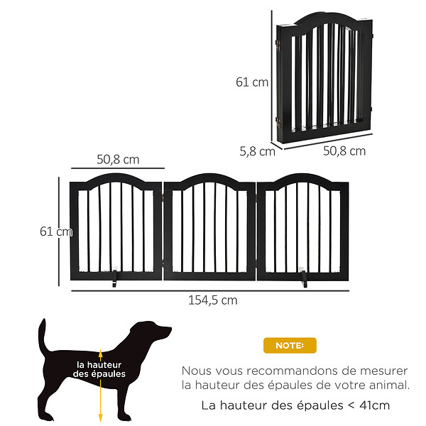 PAWHUT - Barrière de sécurité barrière modulable pliable pour animaux de compagnie - piètement support - dim. 154,5L x 61H cm - MDF bois noir - large