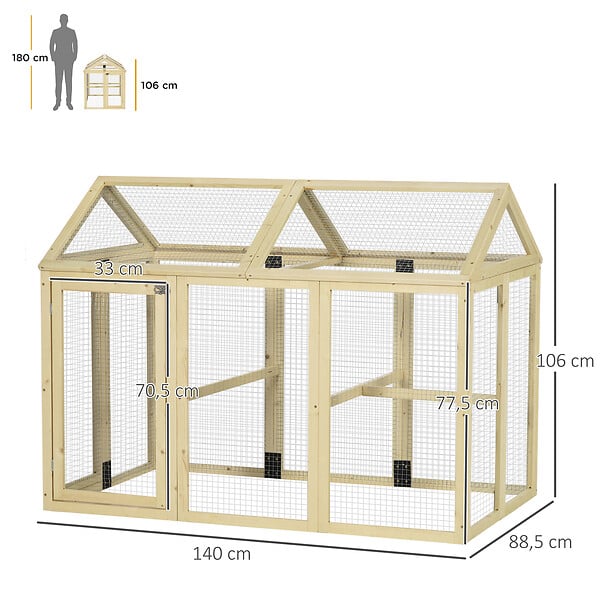 PAWHUT - Enclos poulailler chenil 1,23 m² - parc grillagé dim 140L x 88,5l x 106H cm - 2 portes verrouillables - bois sapin - large