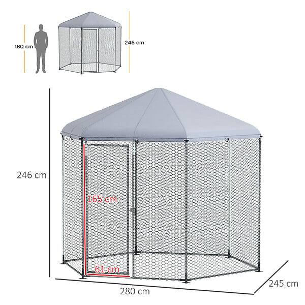PAWHUT - Enclos poulailler chenil 5 m² - parc grillagé dim. 2,8L x 2,45l x 2,46H m - entièrement couvert - acier oxford gris - large