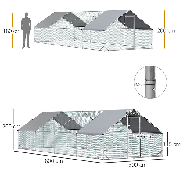 PAWHUT - Enclos poulailler chenil 24 m² - parc grillagé dim. 8L x 3l x 2H m - double espace couvert - acier galvanisé - large