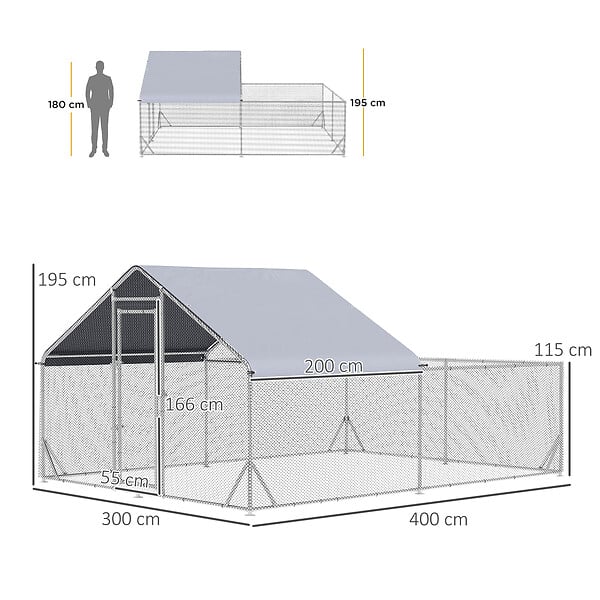 PAWHUT - Enclos poulailler chenil 12 m² - parc grillagé dim 4L x 3l x 1,95H m - espace couvert - acier galvanisé - large