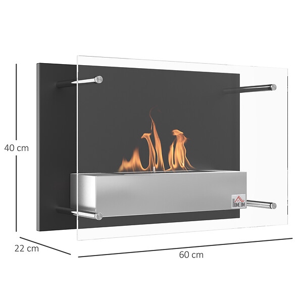 HOMCOM - Cheminée bioéthanol murale design contemporain bruleur 0,9 L - couverture 20-25 m² - dim. 60L x 22l x 40H cm - large