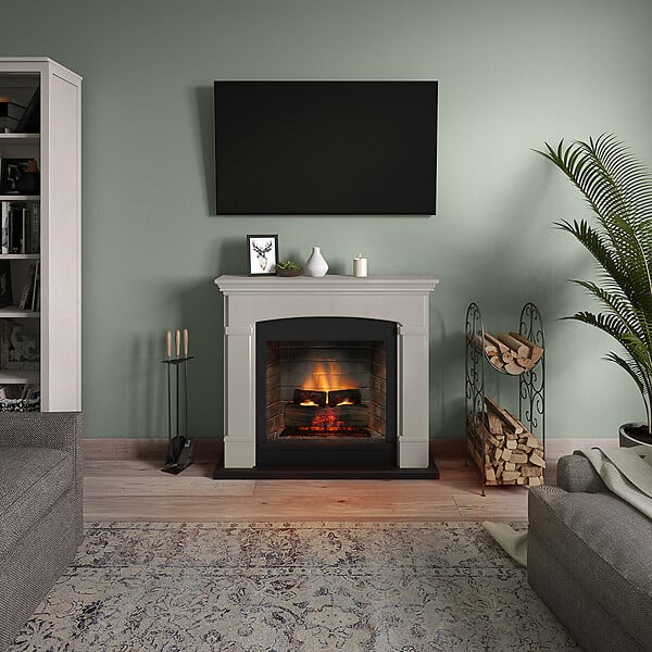 CENTRALE BRICO - Cheminée électrique connectée 1400W - HELMI Powerflame 2 - effets flammes 3D et crépitement - Beige - large