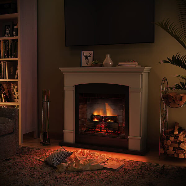CENTRALE BRICO - Cheminée électrique connectée 1400W - HELMI Powerflame 2 - effets flammes 3D et crépitement - Beige - large